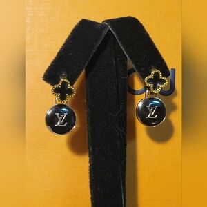 Black Enamel & Gold LV double Sided Zip Pulls  Earings, New